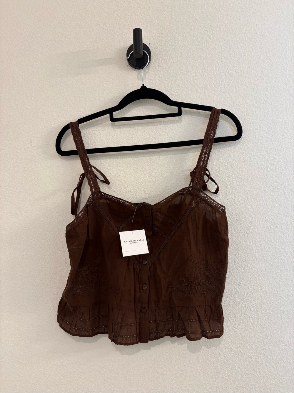American Eagle Outfitters Brown Embroidered Tie-Strap Cami